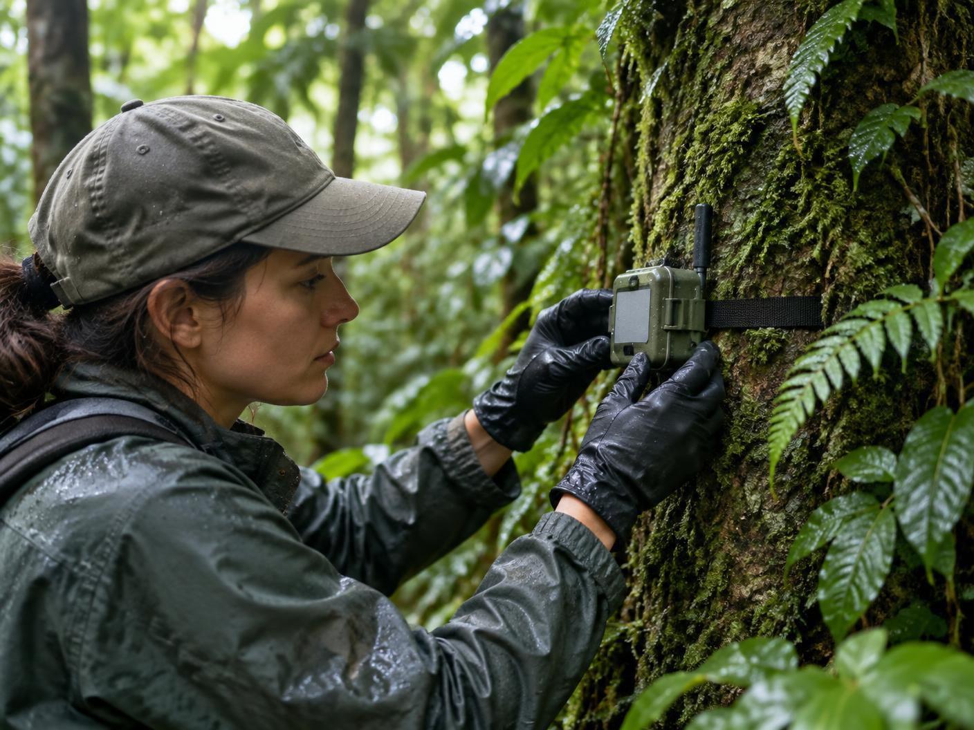 Field scientist installing a forest sensor